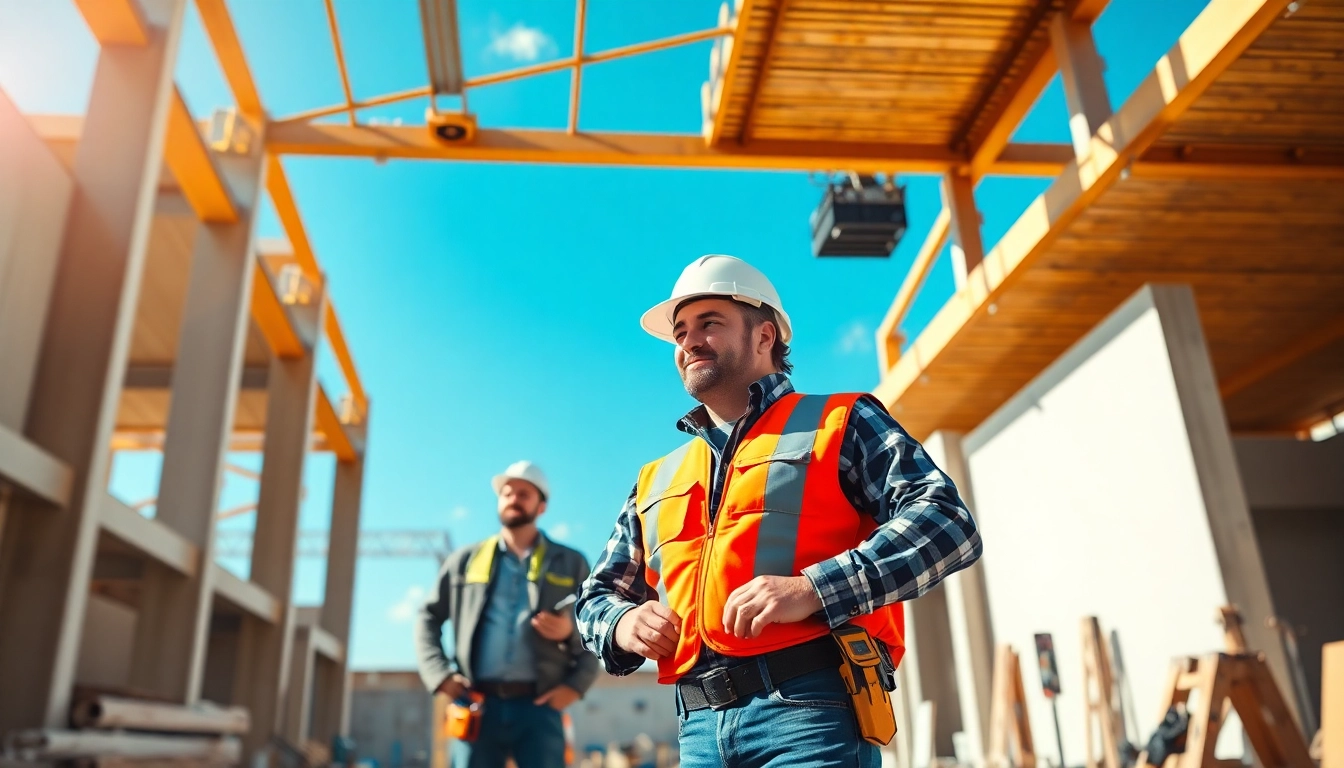 Experienced contractor in safety gear supervising a busy construction site, emphasizing professionalism and expertise in building projects.