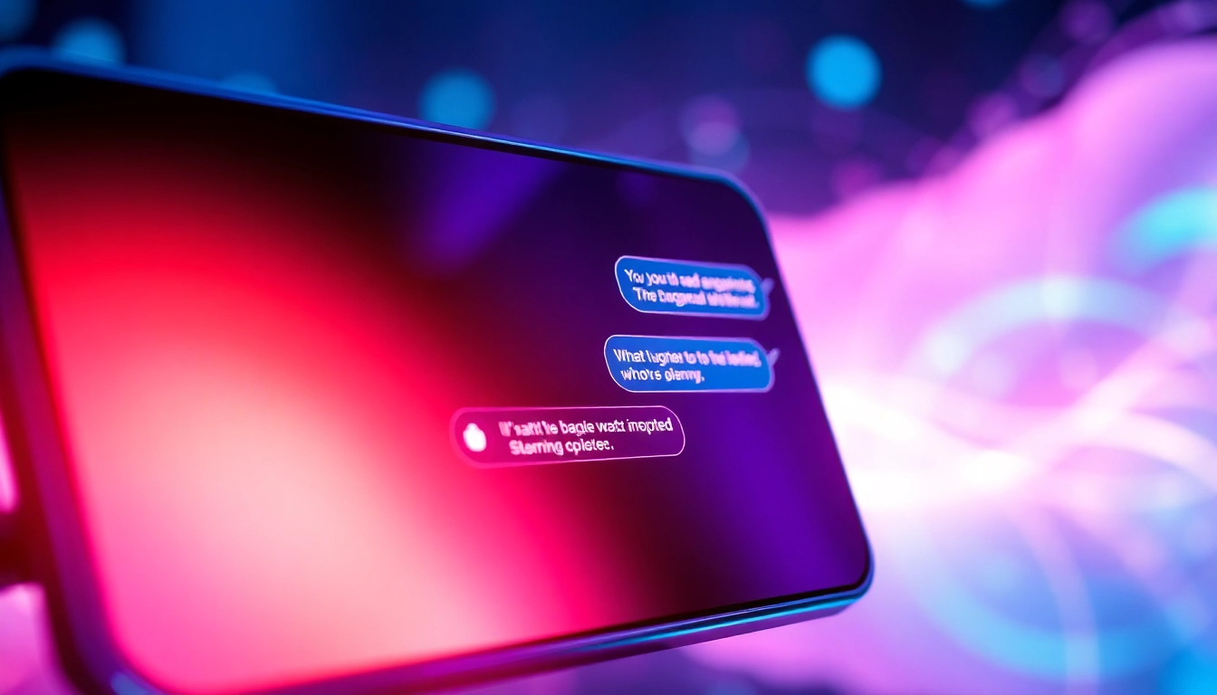 Close-up of a digital device screen showing an AI chat interface with sensual conversation snippets in neon colors.