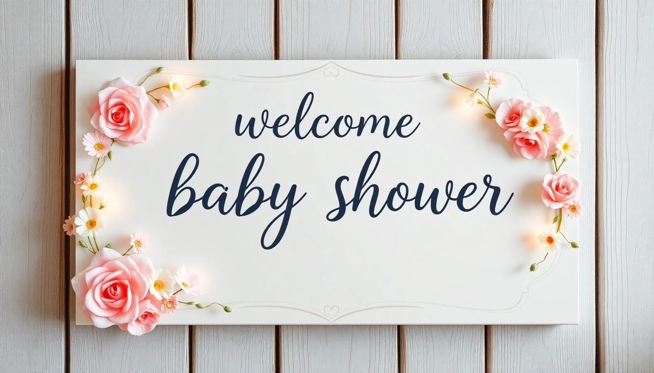 Beautiful baby shower welcome sign featuring delicate floral designs and inviting message to greet guests warmly.