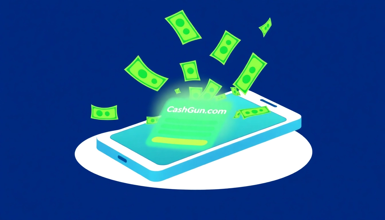 Screen showing cashgun.com on a smartphone with cash and survey icons, encouraging users to earn online through testing apps and surveys.