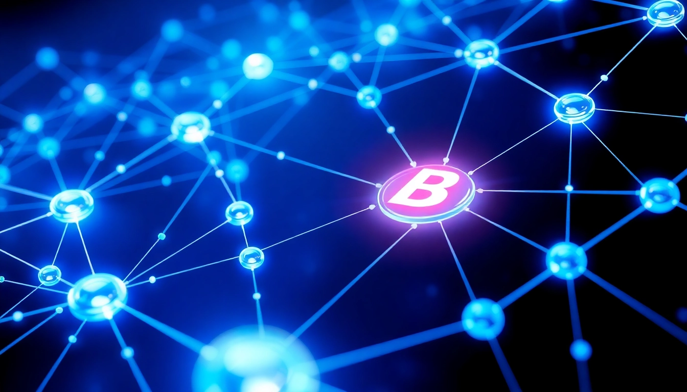 Blockchain technology concept showing interconnected digital nodes representing secure data transfer across a decentralized network, highlighting innovation and trust.