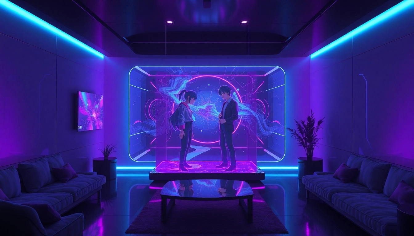 Futuristic room with holographic anime characters engaged in intimate interaction, illuminated by neon lights