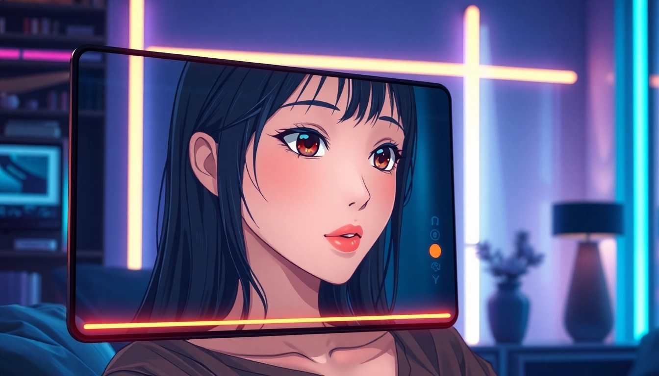 An anime-style female AI character on a futuristic screen with neon lighting in a modern room.
