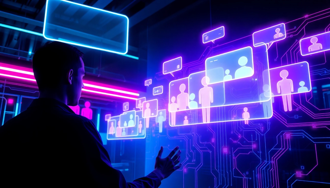 Futuristic digital interface with holographic chat bubbles and AI characters in a high-tech environment