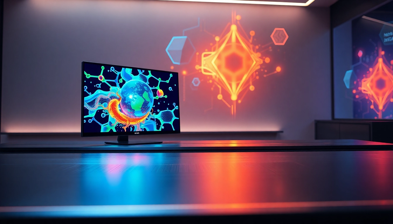 Futuristic workspace with AI-generated images on a high-tech monitor, glowing holograms, and sleek modern design elements.