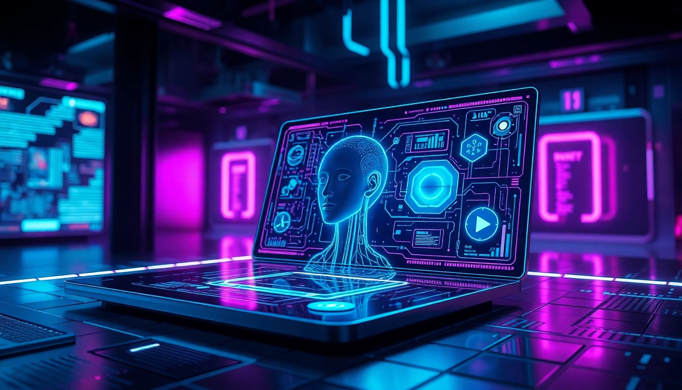 Futuristic AI interface with neon lights and digital data streams in a cyberpunk setting.