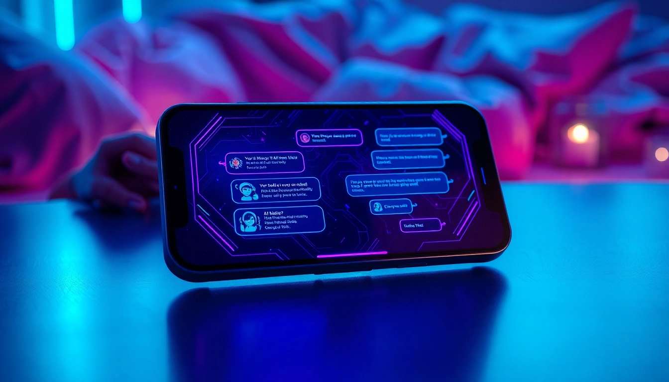 Futuristic AI chatbot interface on a device screen with neon accents and digital conversation bubbles