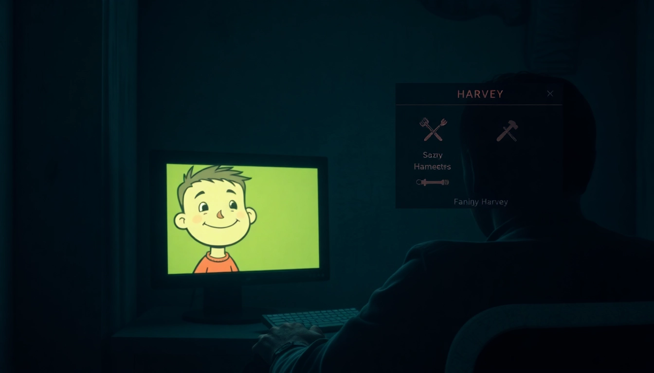 A haunting scene of a distressed man facing a cheerful character on a computer screen, with dark, gritty surroundings and unsettling details.