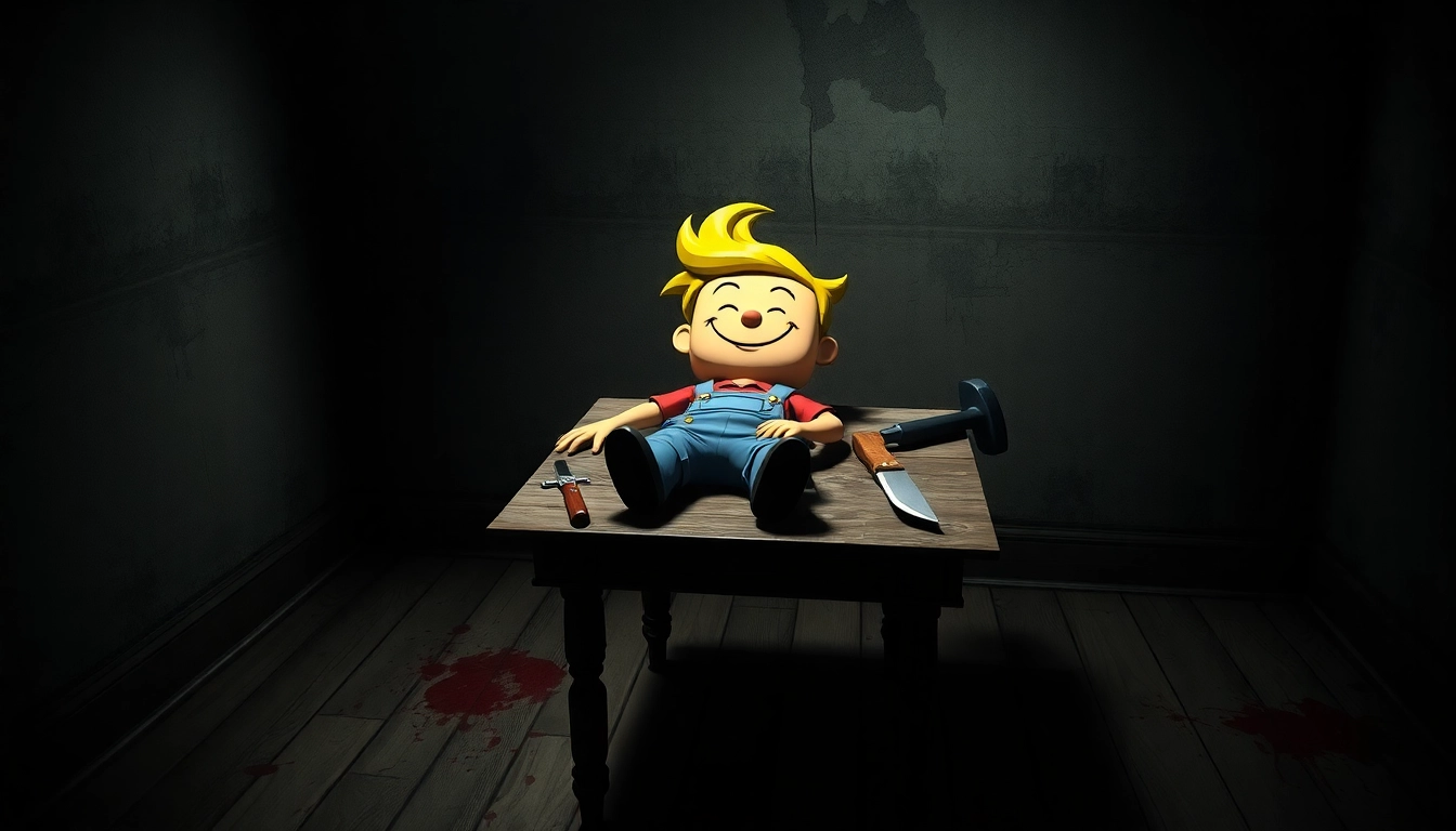 A dark, gritty room scene with a cheerful cartoon character surrounded by violent tools, highlighting moral conflict and psychological horror.