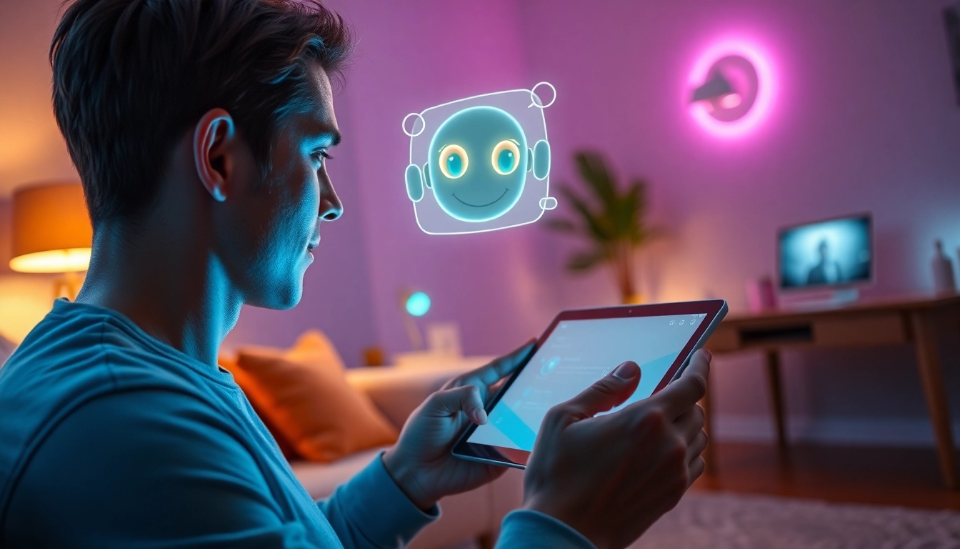 Person chatting with a holographic AI character on a tablet in a cozy modern room.
