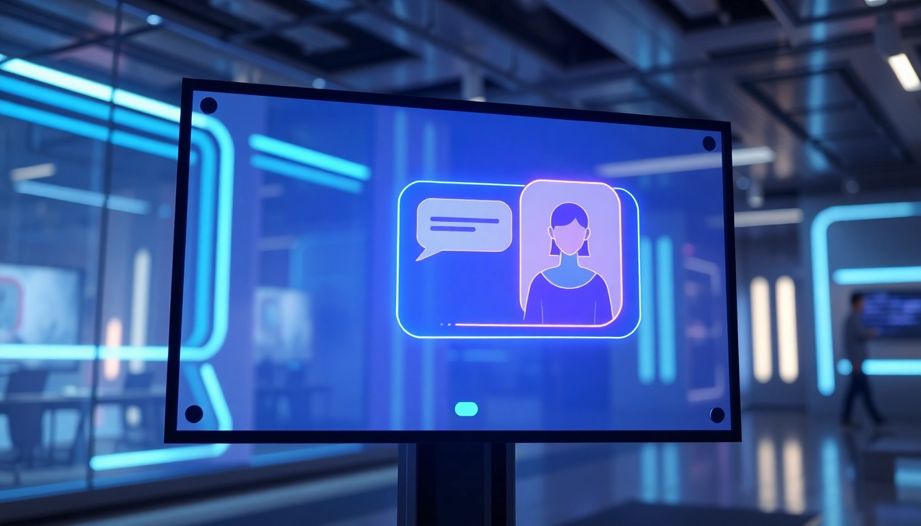 Futuristic AI chatbot interface on a transparent screen with glowing accents and digital conversation bubbles in a modern tech environment.