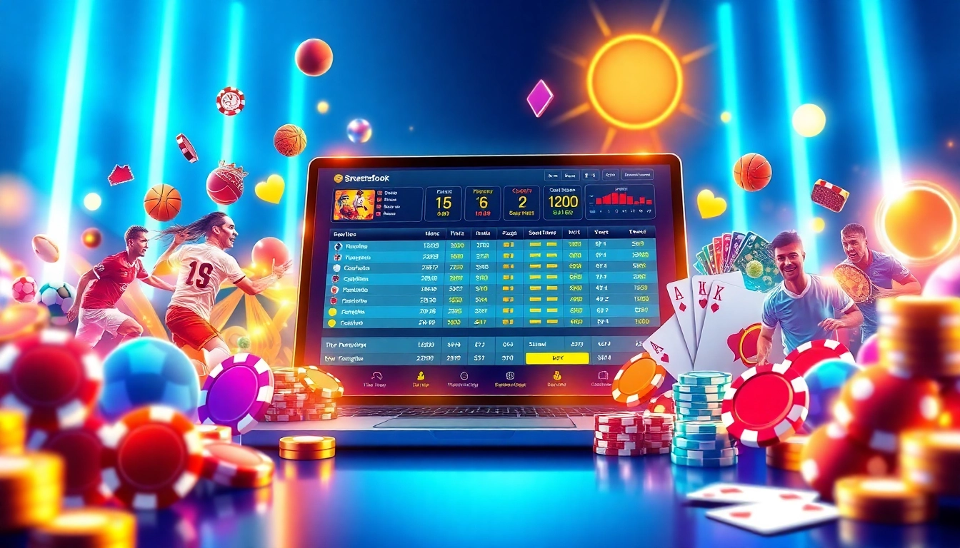 Digital illustration of an exciting online sportsbook and casino platform with sports icons and betting elements.