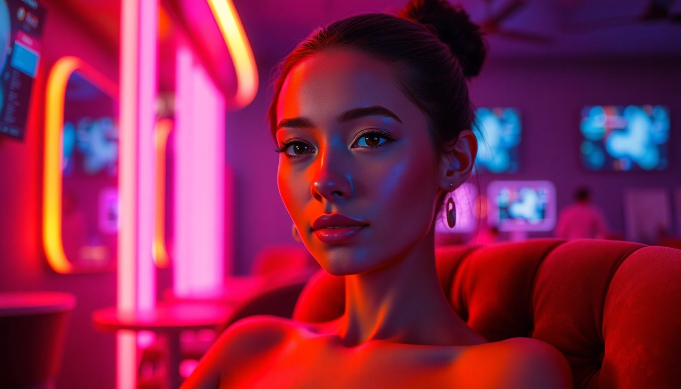 Scene created with NSFW AI Image Generator: neon-lit lounge, realistic AI companion portrait.