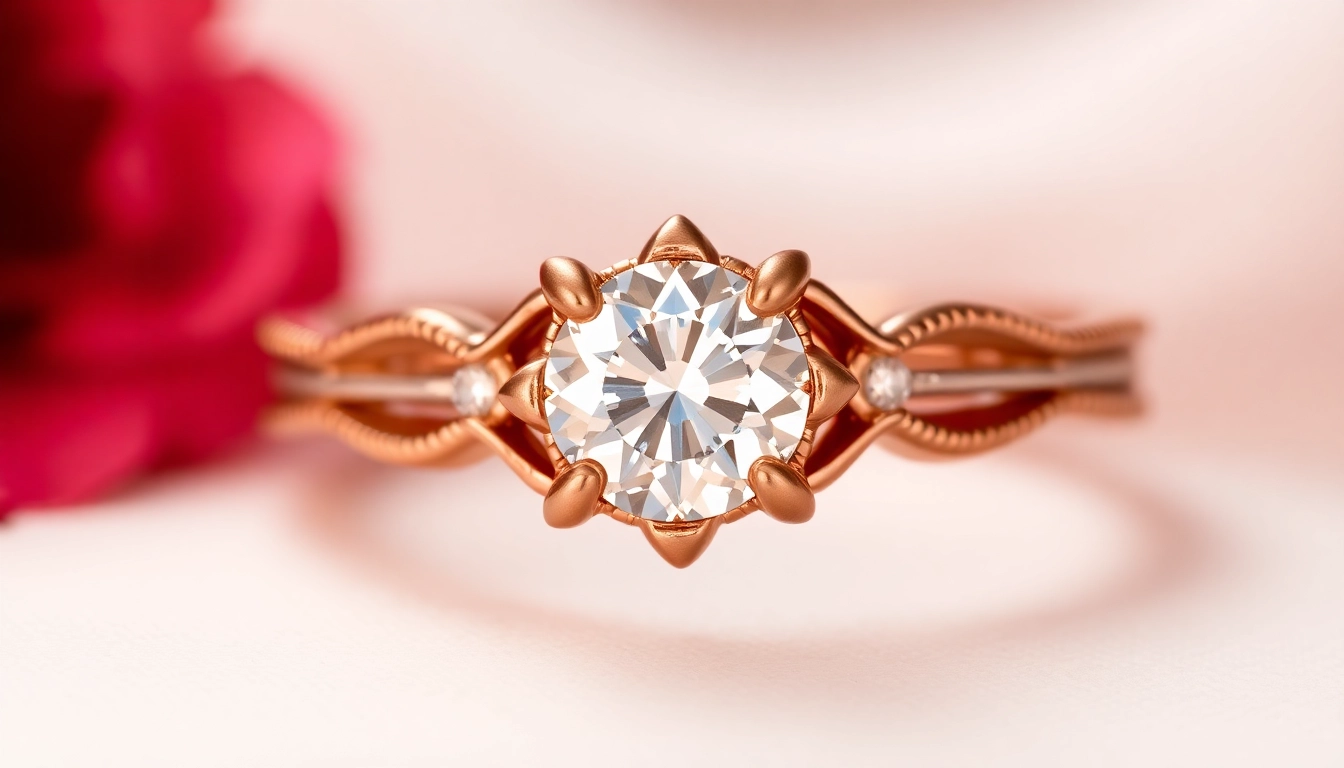 Elegant red gold engagement ring with brilliant diamond, showcasing timeless love and craftsmanship.