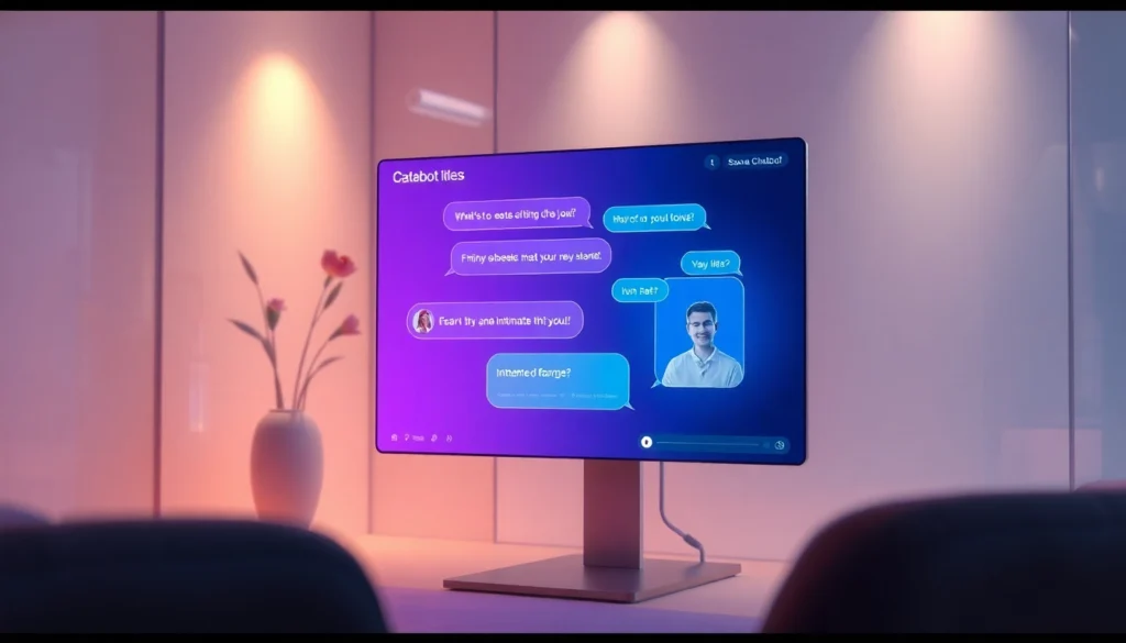 A modern digital interface of an AI chatbot on a sleek screen with neon accents, showing intimate chat bubbles and a futuristic setting.