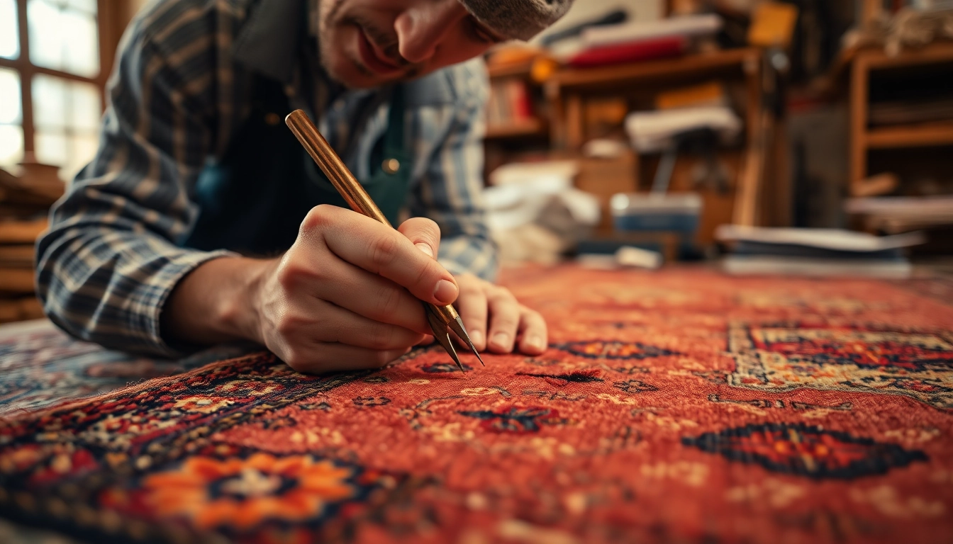 Expert Restauro Tappeti Milano craftsman restoring an ornate rug with fine detail and care,
