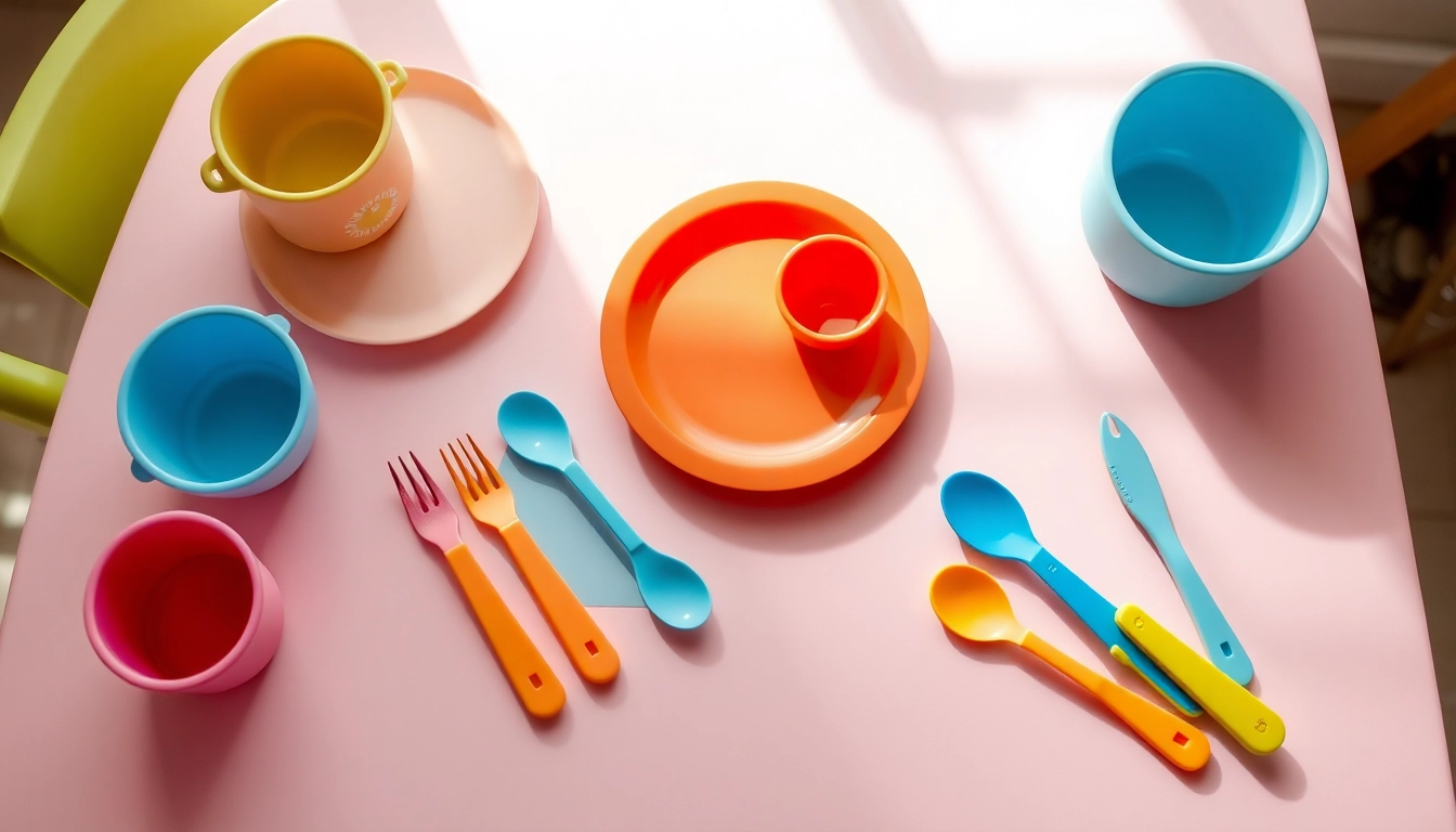 Bright display of baby feeding set for weaning with silicone utensils and colorful plates in a