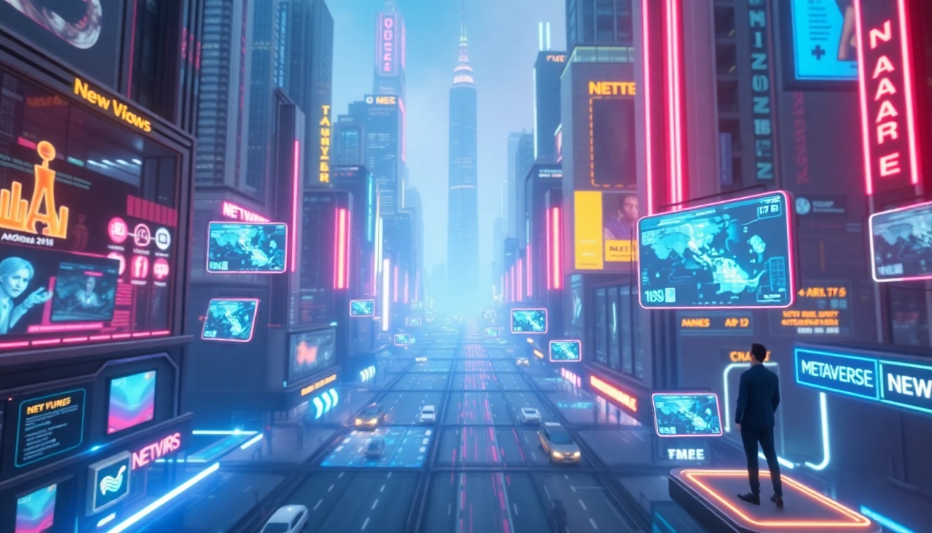Metaverse News update featuring virtual reality city with holographic displays and avatars
