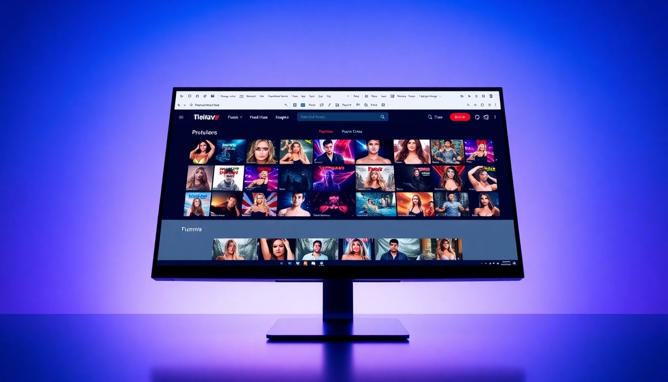 Close-up of a modern adult website interface on a computer screen with thumbnails and navigation elements.