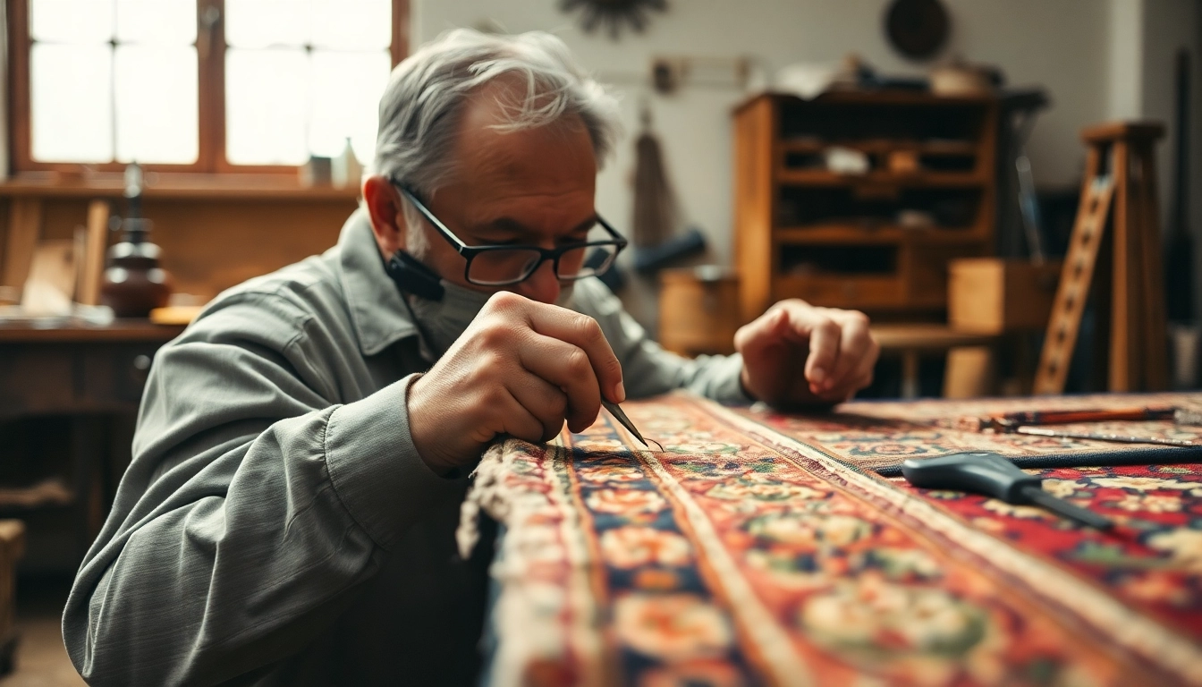 Expert restoring a Persian rug for Restauro Tappeti Milano, highlighting craftsmanship and