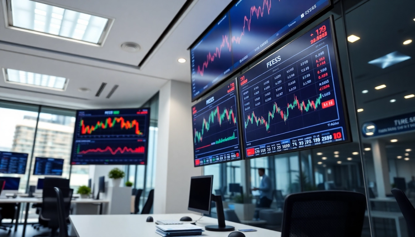 Business News update showing digital screens with stock charts and headlines in a professional