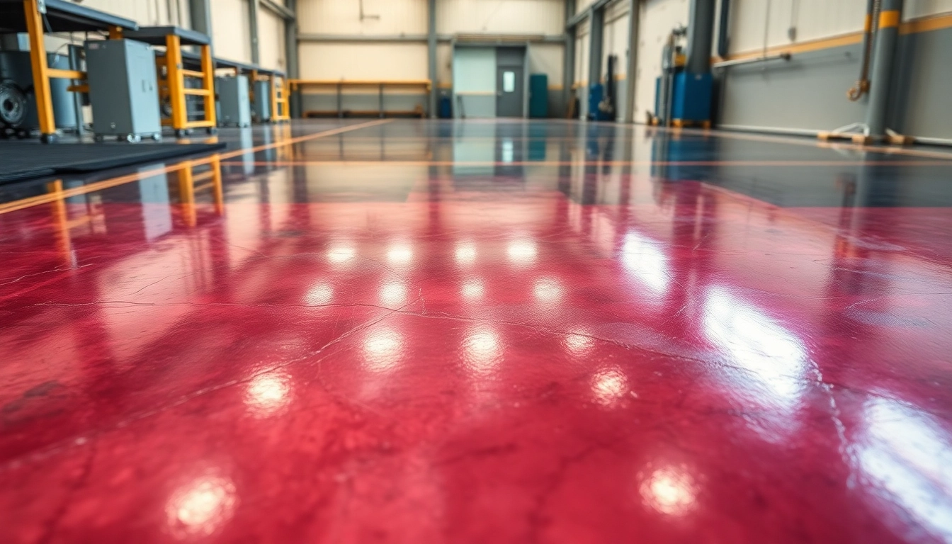 Professional installing epoxy resin floor on a concrete surface in a commercial setting to
